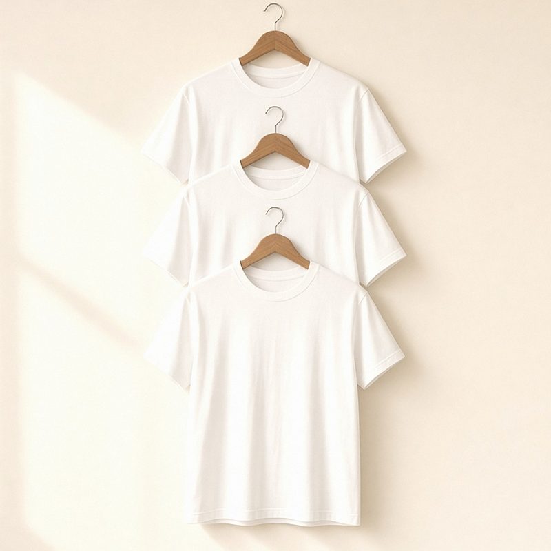 Three plain white tees on wooden hangers, hung one above the other on a sunlit cream wall.