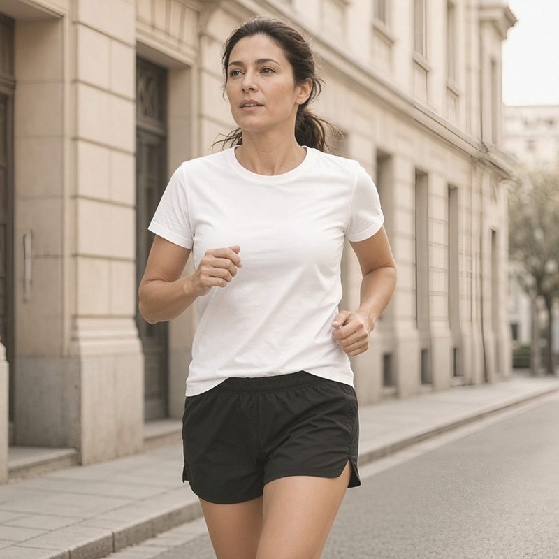 A woman running down a sunny city street in a white tee and black shorts.