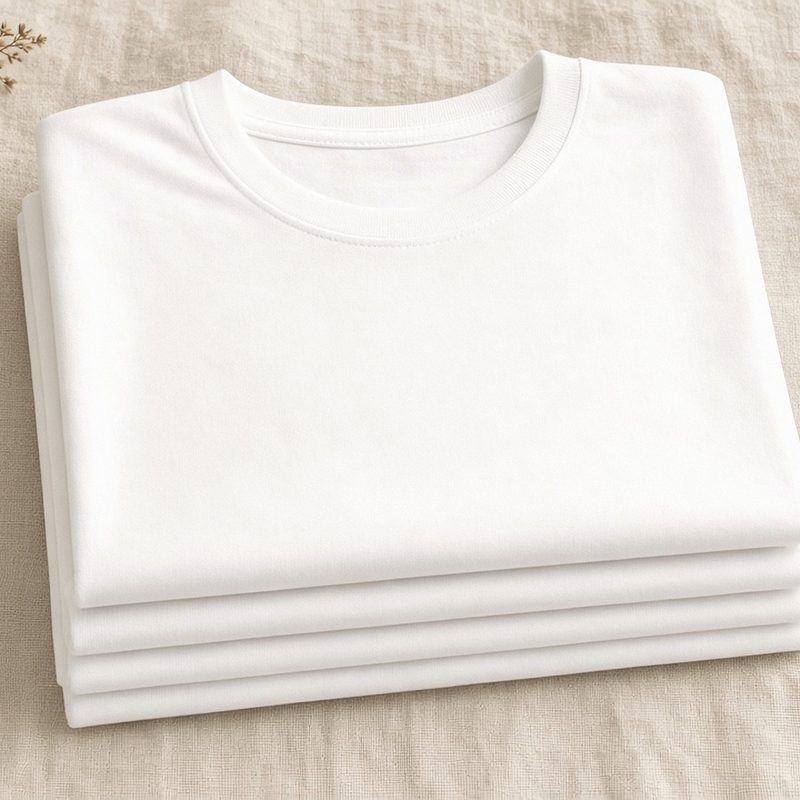 A neat stack of folded plain white tees on natural linen.