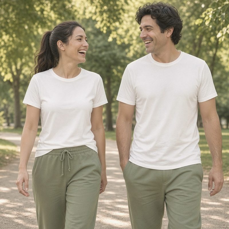 A smiling couple walking along a tree-lined path, both wearing white tees and sage green trousers.