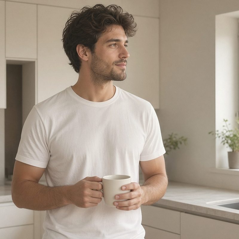 A man in a white tee holding a cup of coffee in a bright, minimal kitchen.