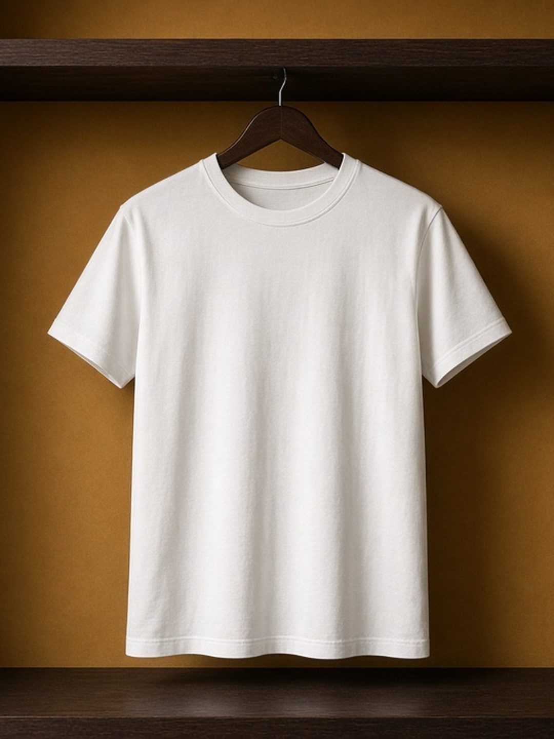 A plain white organic cotton tee on a wooden hanger, shown in full against a warm ochre wall.