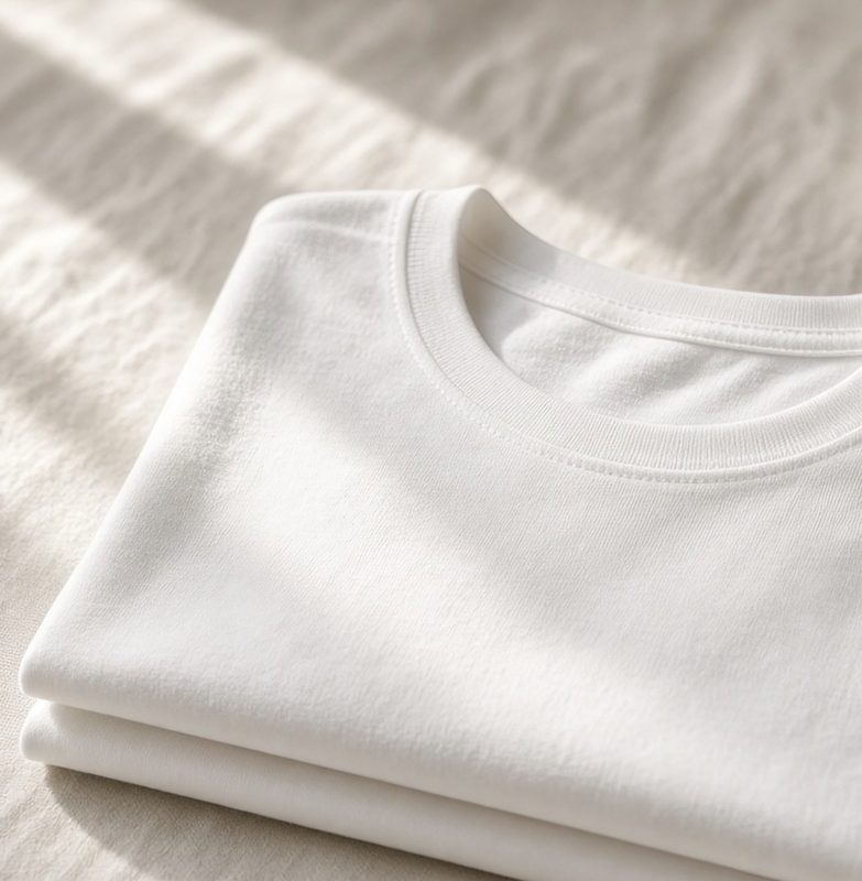 Close-up of a folded white tee and its ribbed crew neck in soft daylight.